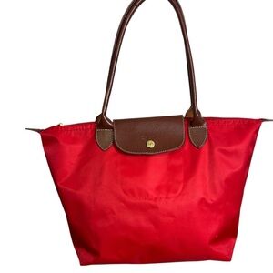 Longchamp Red Nylon Tote with Brown Leather Trim